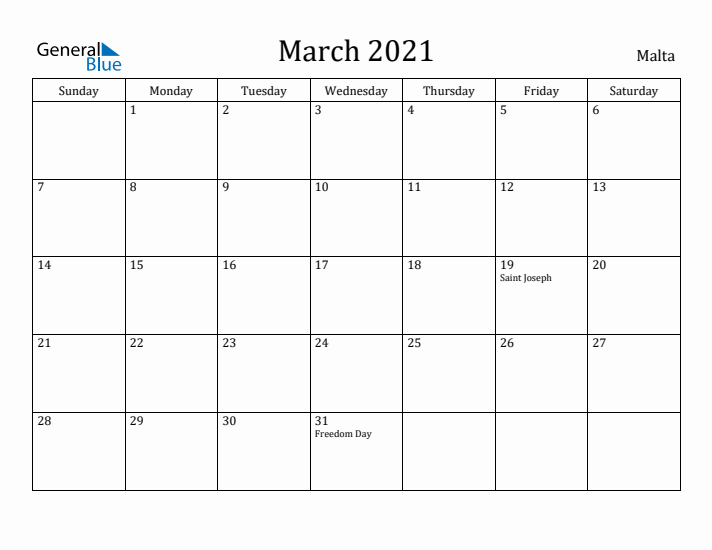 March 2021 Calendar Malta