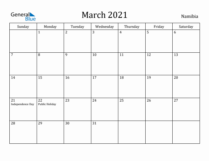 March 2021 Calendar Namibia