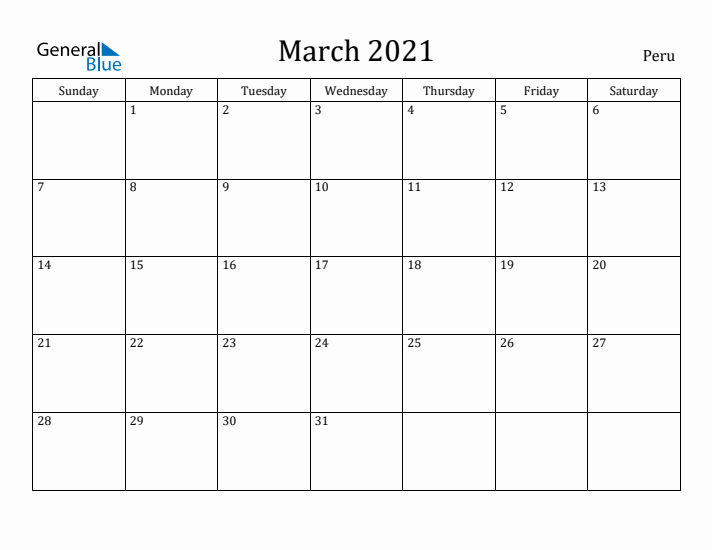 March 2021 Calendar Peru