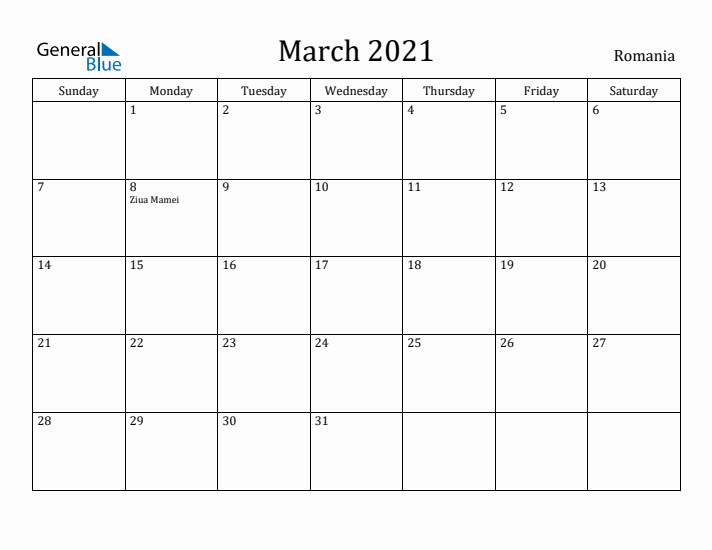 March 2021 Calendar Romania