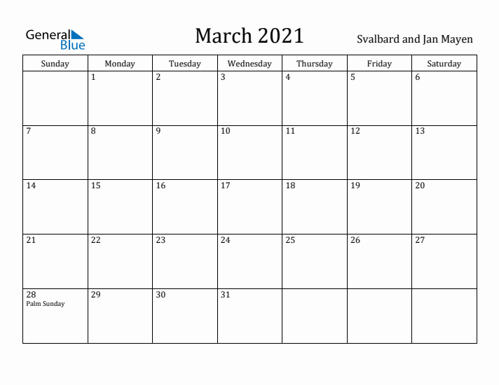 March 2021 Calendar Svalbard and Jan Mayen