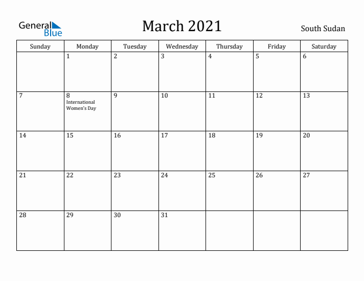 March 2021 Calendar South Sudan