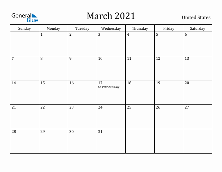 March 2021 Calendar United States