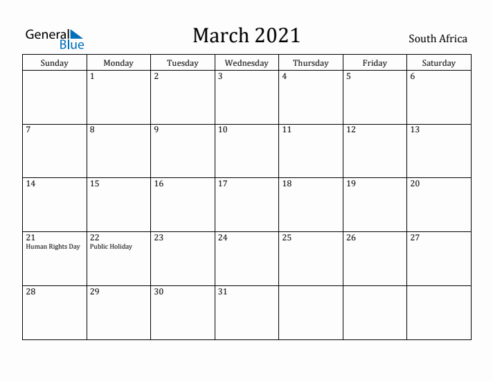March 2021 Calendar South Africa