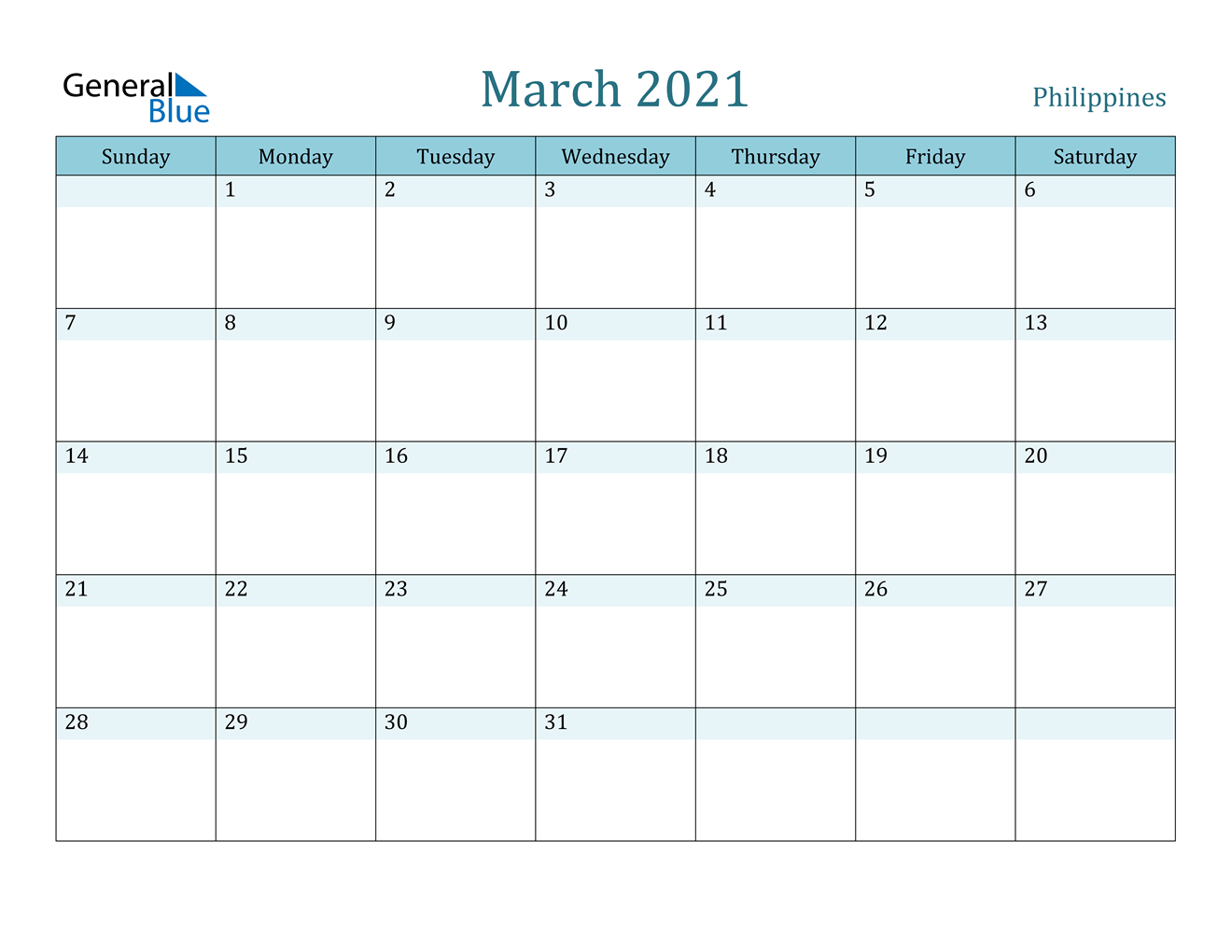March 2021 Calendar Philippines