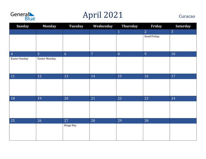 April 2021 Curacao Calendar