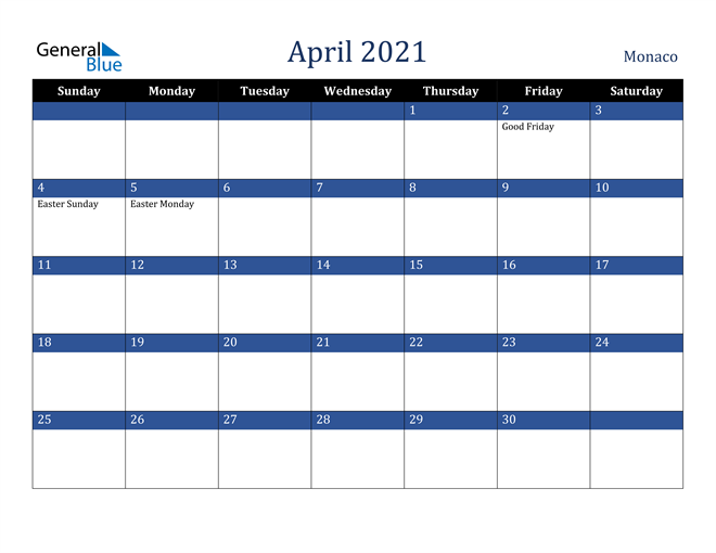 April 2021 Monaco Calendar