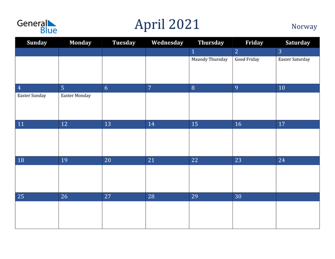 April 2021 Norway Calendar