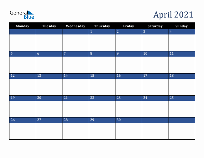 Monday Start Calendar for April 2021