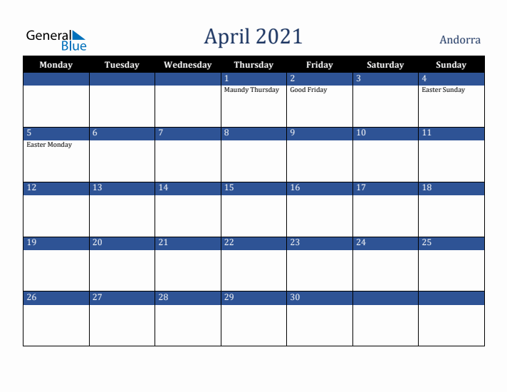 April 2021 Andorra Calendar (Monday Start)