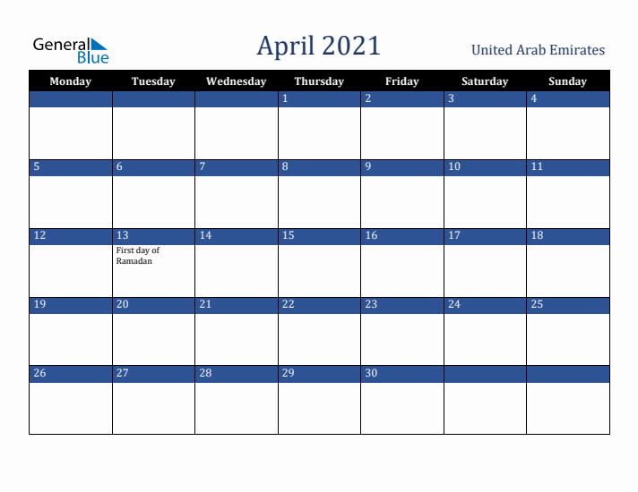 April 2021 United Arab Emirates Calendar (Monday Start)