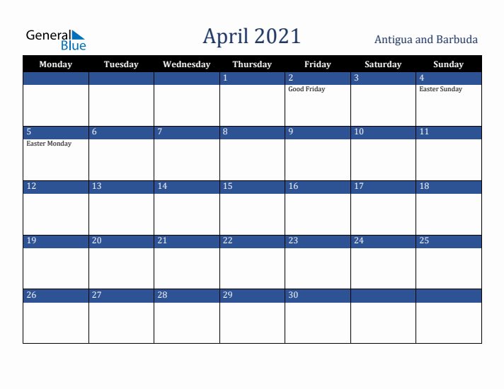April 2021 Antigua and Barbuda Calendar (Monday Start)