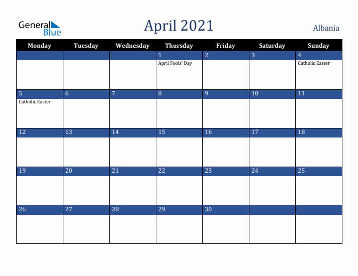 April 2021 Albania Calendar (Monday Start)