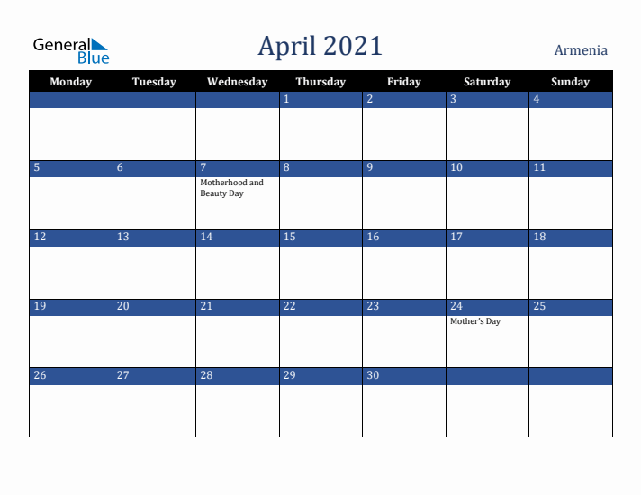 April 2021 Armenia Calendar (Monday Start)