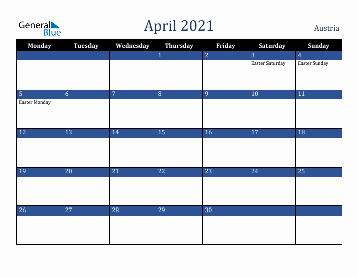 April 2021 Austria Calendar (Monday Start)