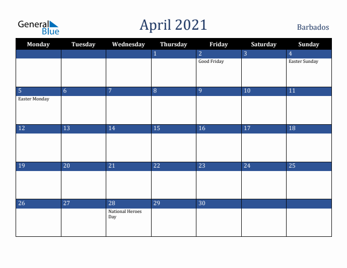 April 2021 Barbados Calendar (Monday Start)