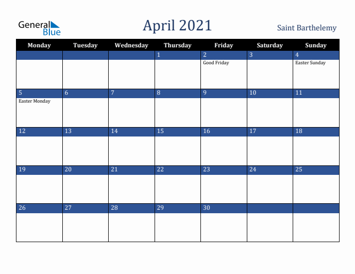 April 2021 Saint Barthelemy Calendar (Monday Start)