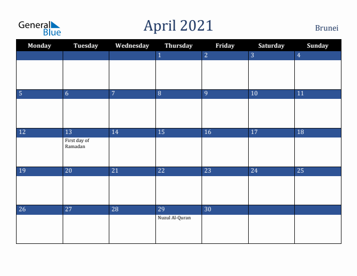 April 2021 Brunei Calendar (Monday Start)