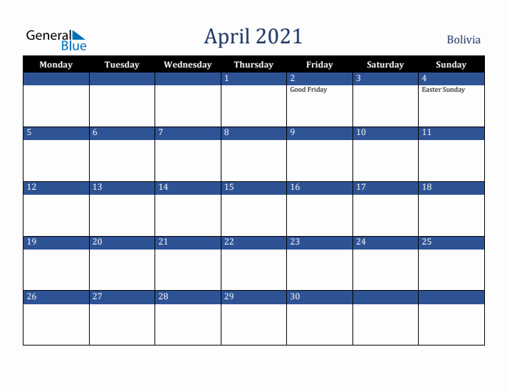 April 2021 Bolivia Calendar (Monday Start)
