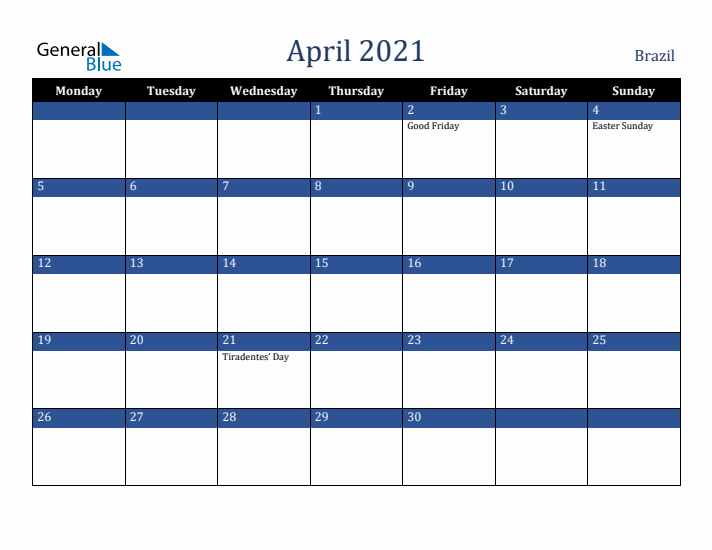April 2021 Brazil Calendar (Monday Start)