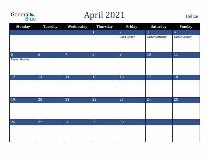 April 2021 Belize Calendar (Monday Start)