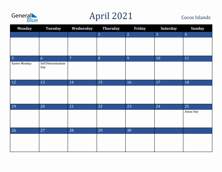 April 2021 Cocos Islands Calendar (Monday Start)