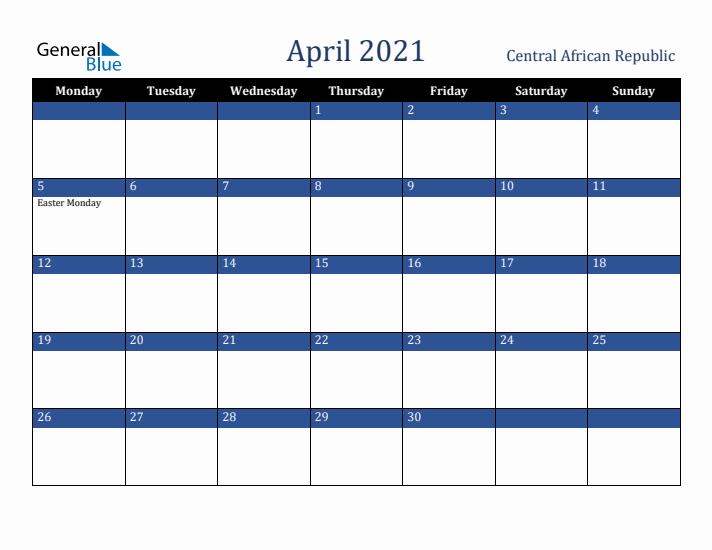 April 2021 Central African Republic Calendar (Monday Start)
