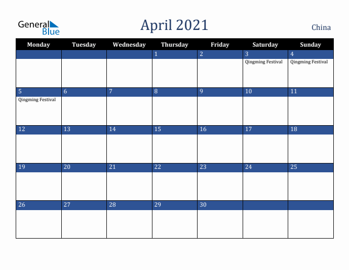 April 2021 China Calendar (Monday Start)