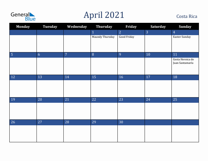 April 2021 Costa Rica Calendar (Monday Start)