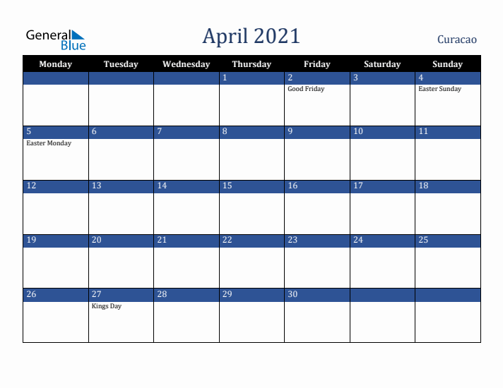 April 2021 Curacao Calendar (Monday Start)