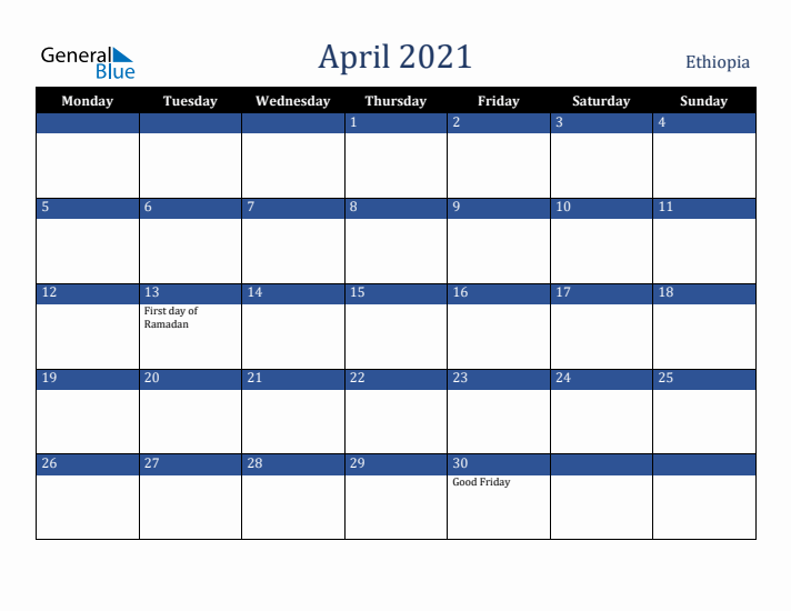 April 2021 Ethiopia Calendar (Monday Start)