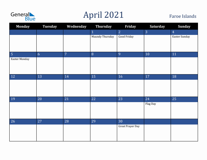 April 2021 Faroe Islands Calendar (Monday Start)