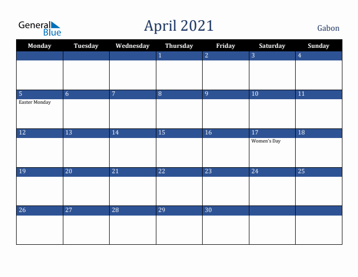 April 2021 Gabon Calendar (Monday Start)