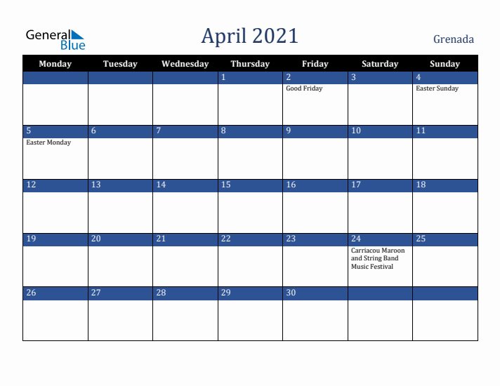 April 2021 Grenada Calendar (Monday Start)