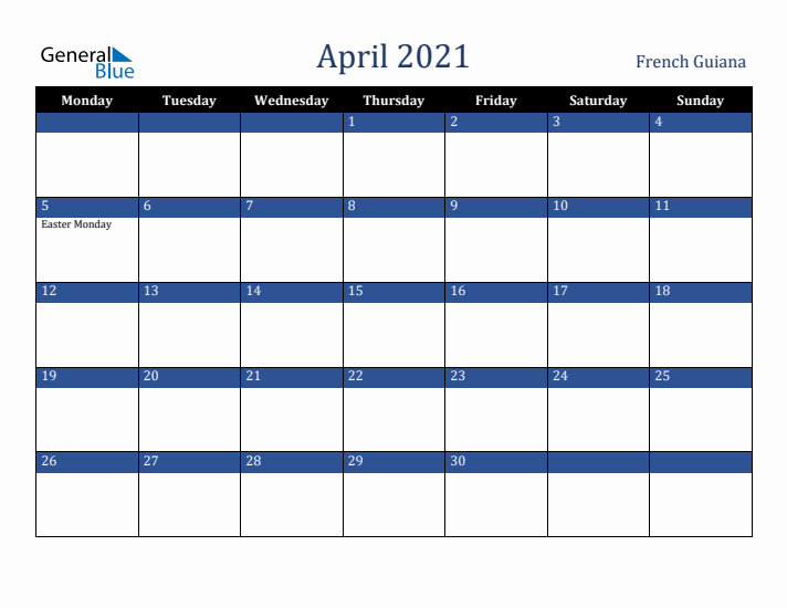 April 2021 French Guiana Calendar (Monday Start)