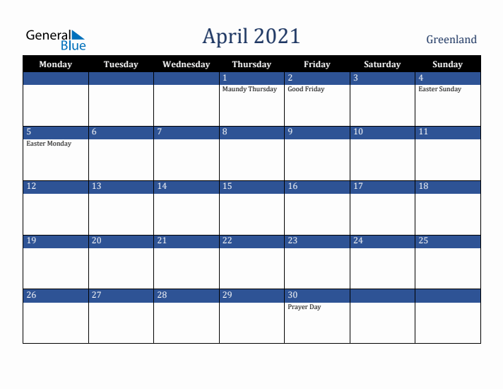 April 2021 Greenland Calendar (Monday Start)