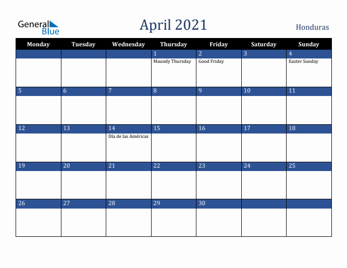 April 2021 Honduras Calendar (Monday Start)