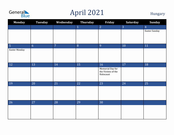 April 2021 Hungary Calendar (Monday Start)
