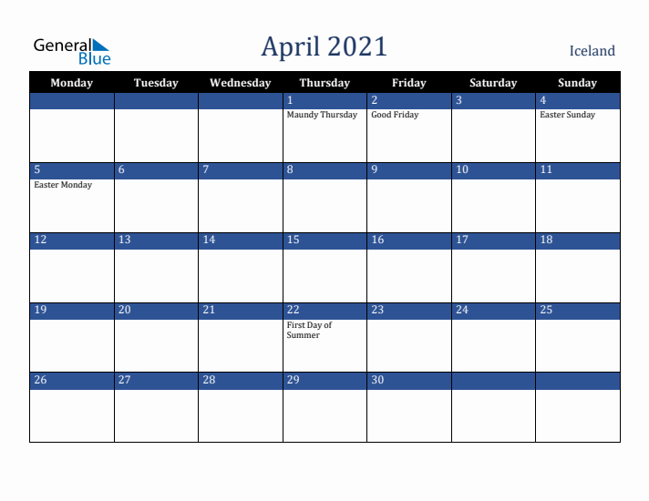 April 2021 Iceland Calendar (Monday Start)