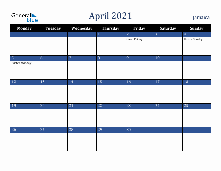 April 2021 Jamaica Calendar (Monday Start)
