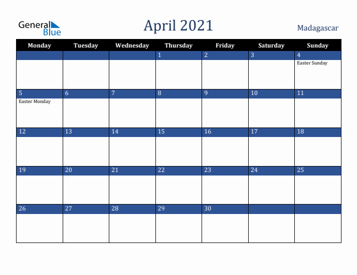April 2021 Madagascar Calendar (Monday Start)