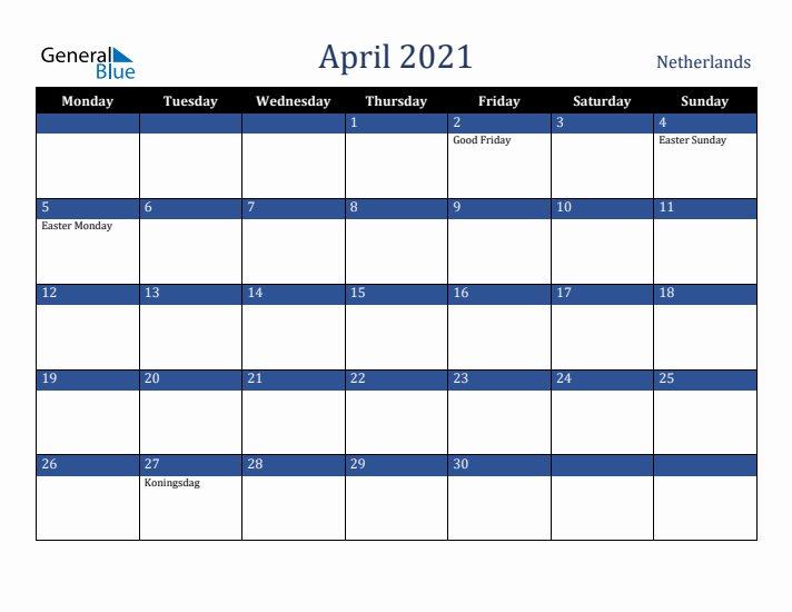 April 2021 The Netherlands Calendar (Monday Start)