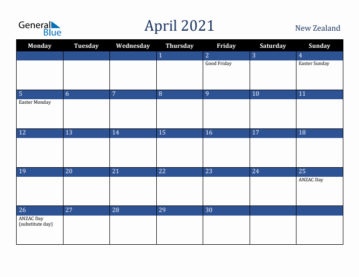 April 2021 New Zealand Calendar (Monday Start)