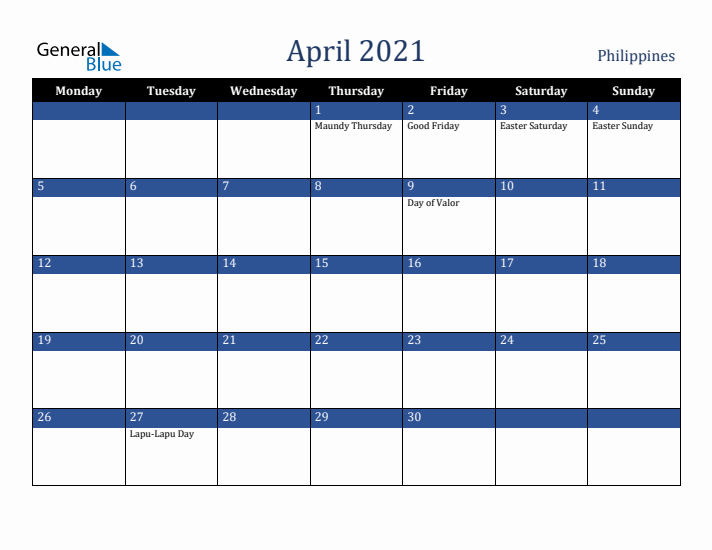 April 2021 Philippines Calendar (Monday Start)