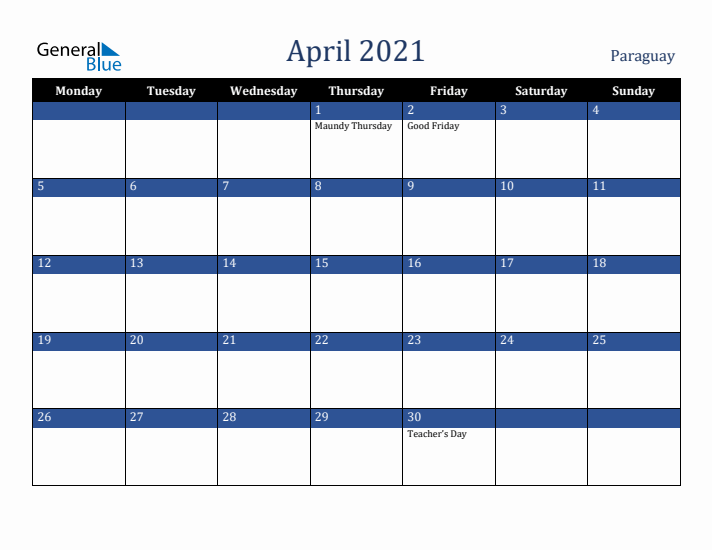 April 2021 Paraguay Calendar (Monday Start)