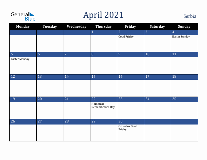 April 2021 Serbia Calendar (Monday Start)