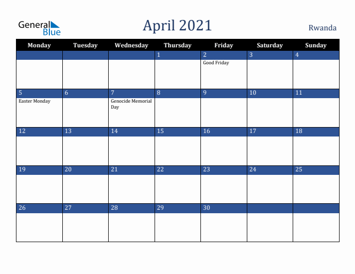 April 2021 Rwanda Calendar (Monday Start)