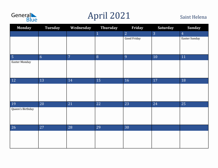 April 2021 Saint Helena Calendar (Monday Start)