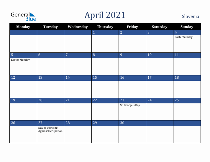 April 2021 Slovenia Calendar (Monday Start)