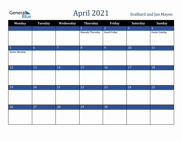 April 2021 Svalbard and Jan Mayen Calendar (Monday Start)